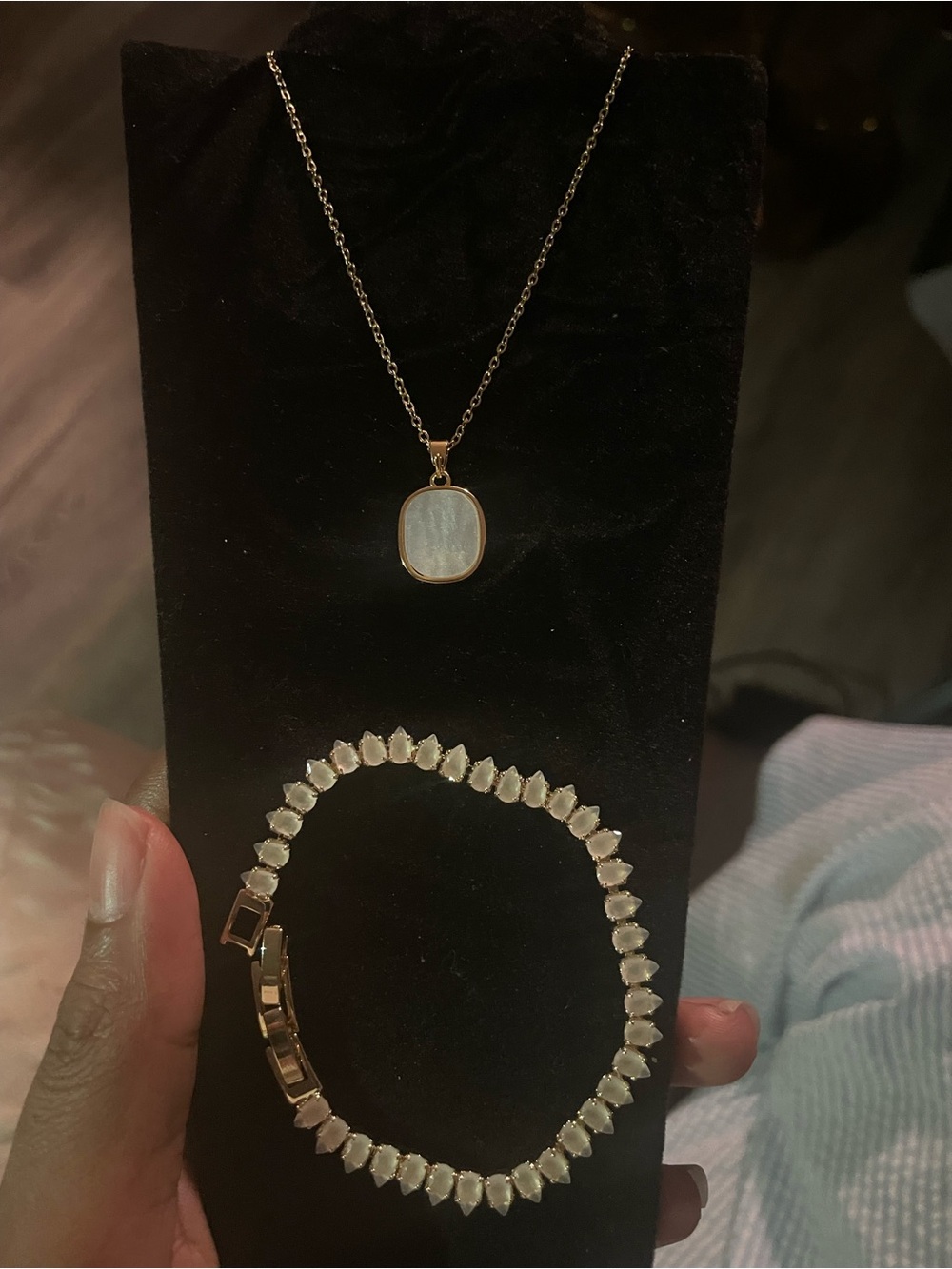 Gold-Tone Necklace and Bracelet Set with White Mother-of-Pearl Accents